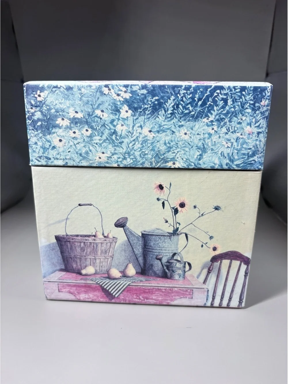 Vintage Floral Square Gift Box with Lid, Still Life Basket Design, 6x6x5.5